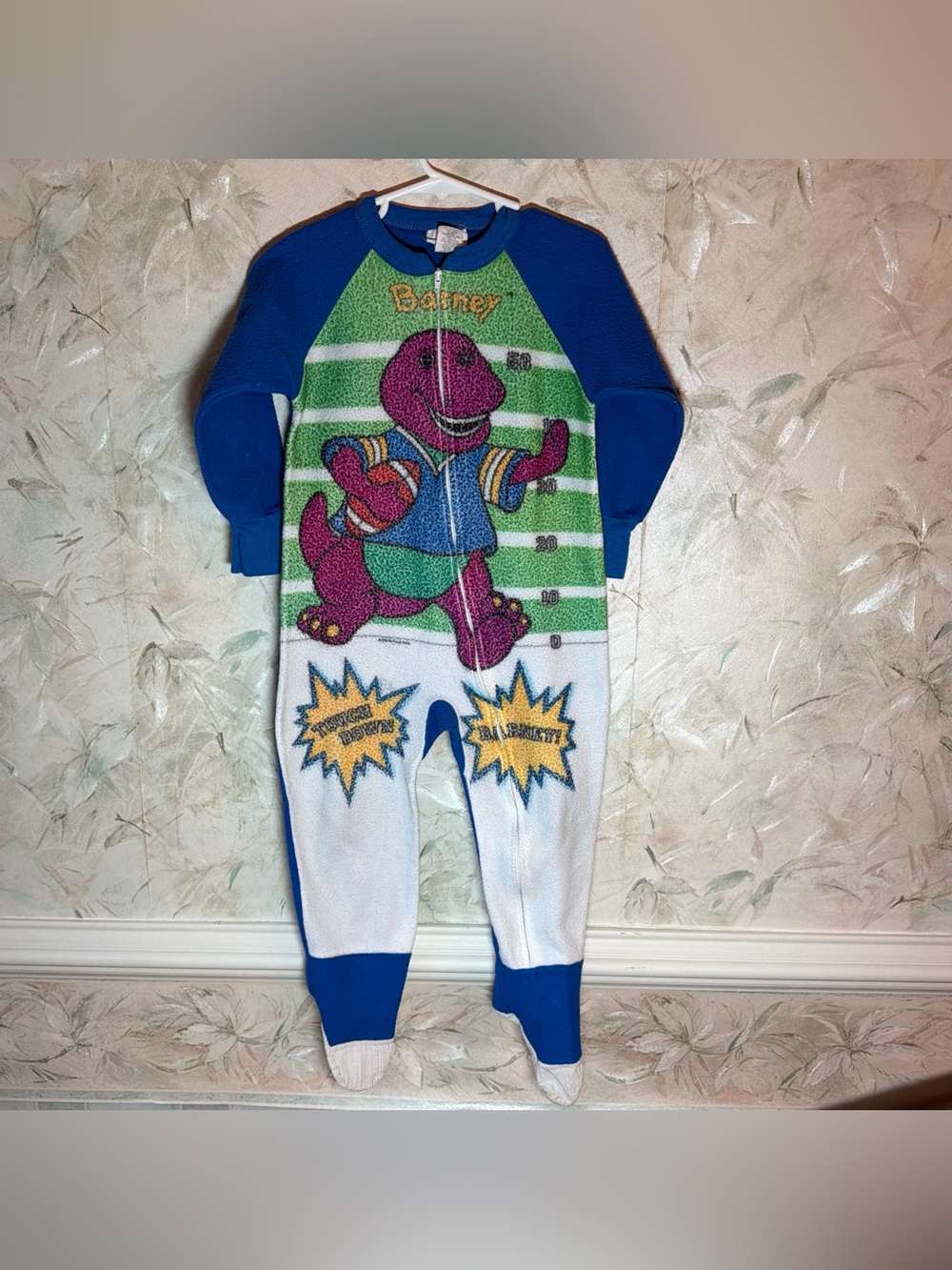 Vintage Barney Dinosaur Footed Zip Up Pajamas 90's Football 4T Lyons Group